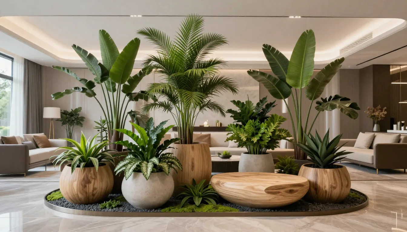 Interior landscaping with lush green plants